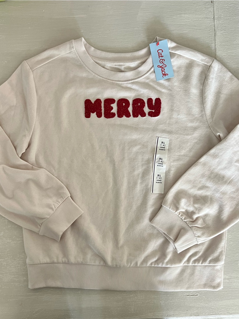 NWT Cat & Jack Girls MERRY Sweatshirt Cream Red XL 14 Christmas Holiday